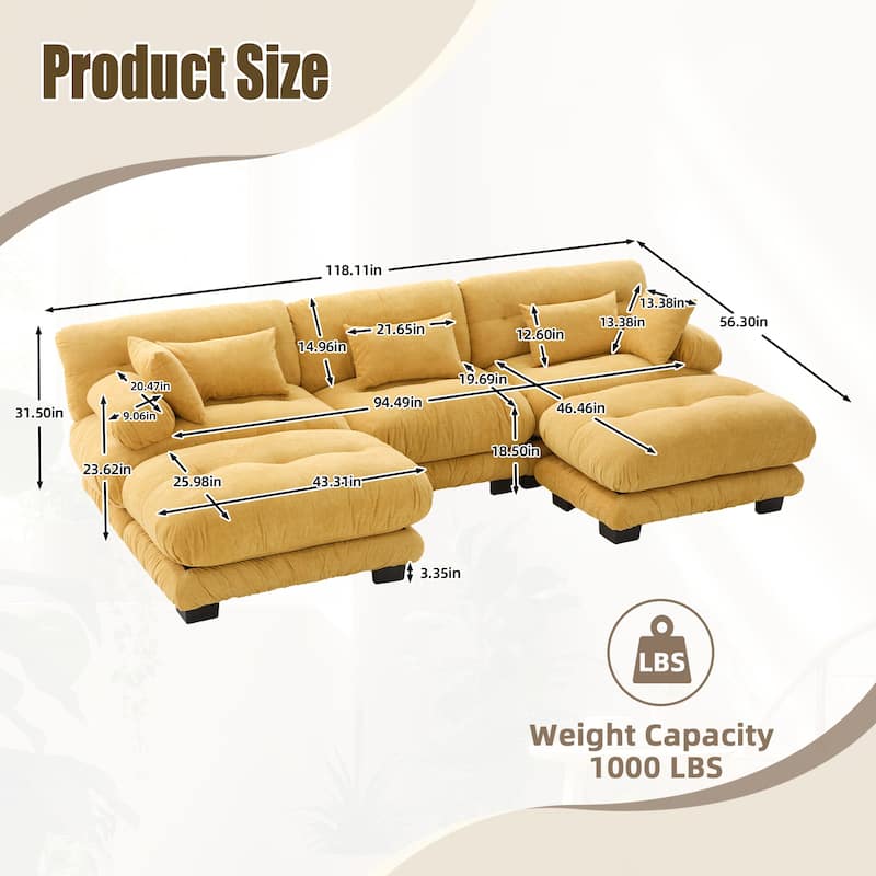 HOMEFUN Velvet Upholstered Oversized U-shaped Tufted Free Combined Sectional Sofa with Bolster Armrest Pillows