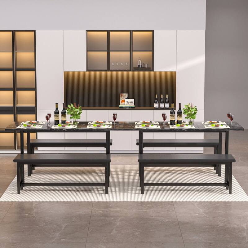 VECELO 3-Piece Dining Table Set with 2 Benches, 63" Extendable Kitchen Table & Chairs Set for 4-8, Dining Room Table