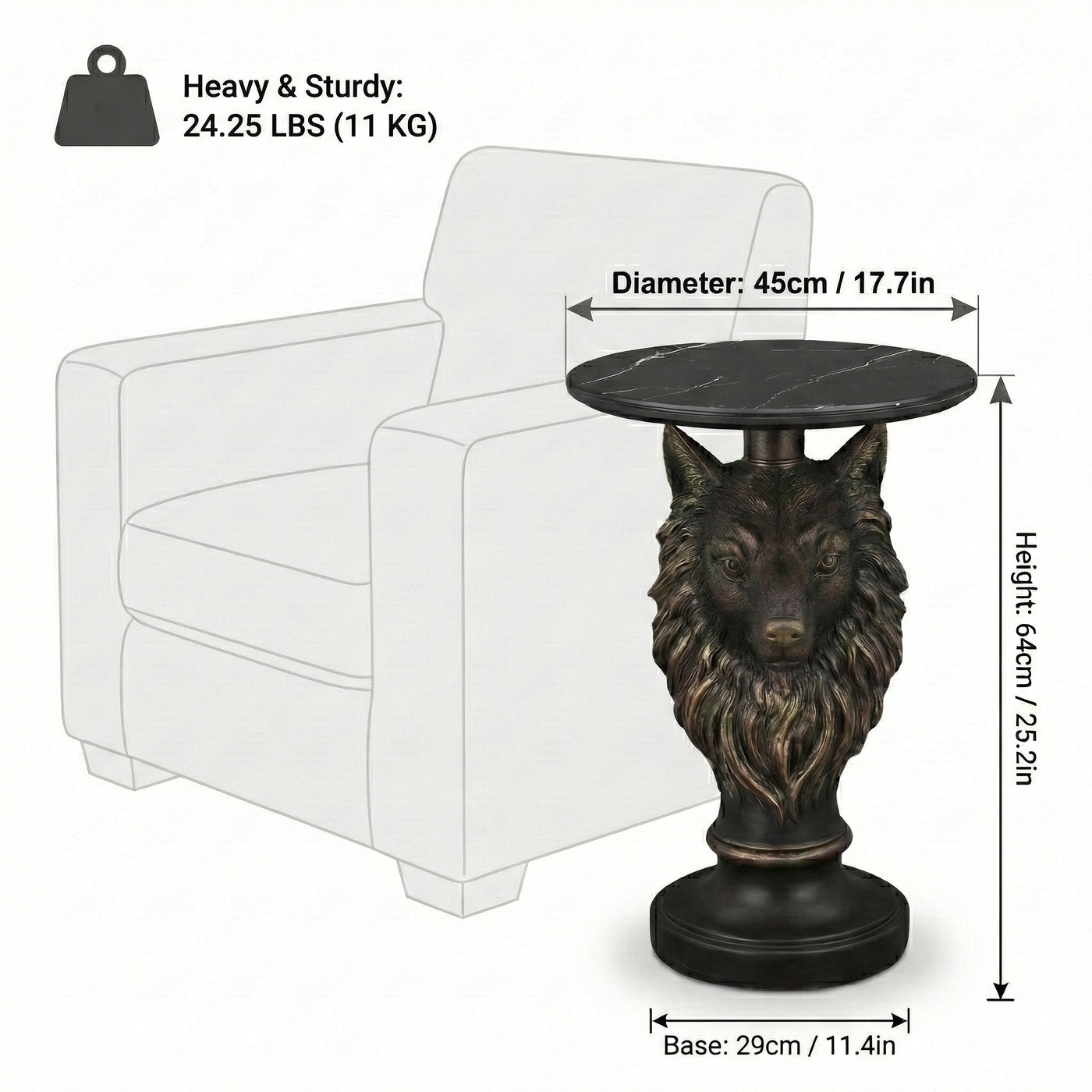 Wolf Head Accent Table Animal Statue End Tables - 8' x 10' - Bed