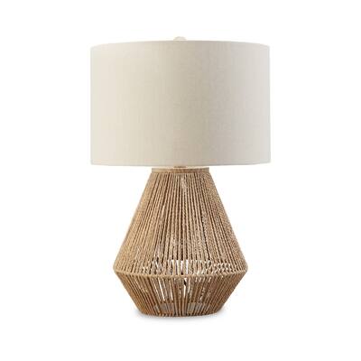 24 Inch Bohemian Table Lamp, Paper Rope, Hardback Fabric Shade, Brown