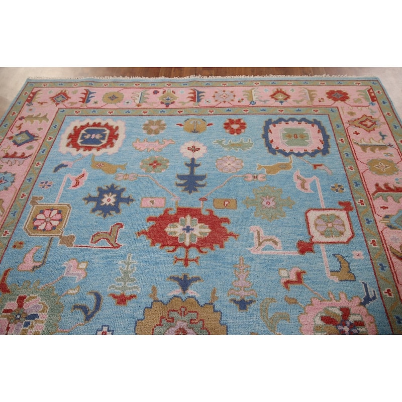 Light Blue Oushak Area Rug Hand-Knotted Transitional Wool Carpet - 7'9"x 9'9"