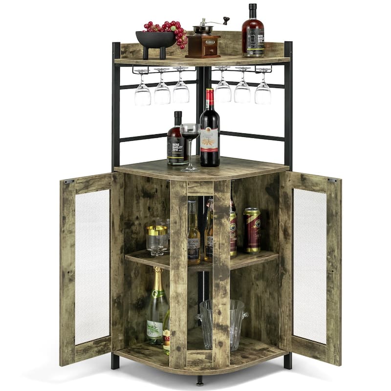 Industrial Corner Bar Cabinet with Glass Holder and Adjustable Shelf - 19" x 19" x 51"
