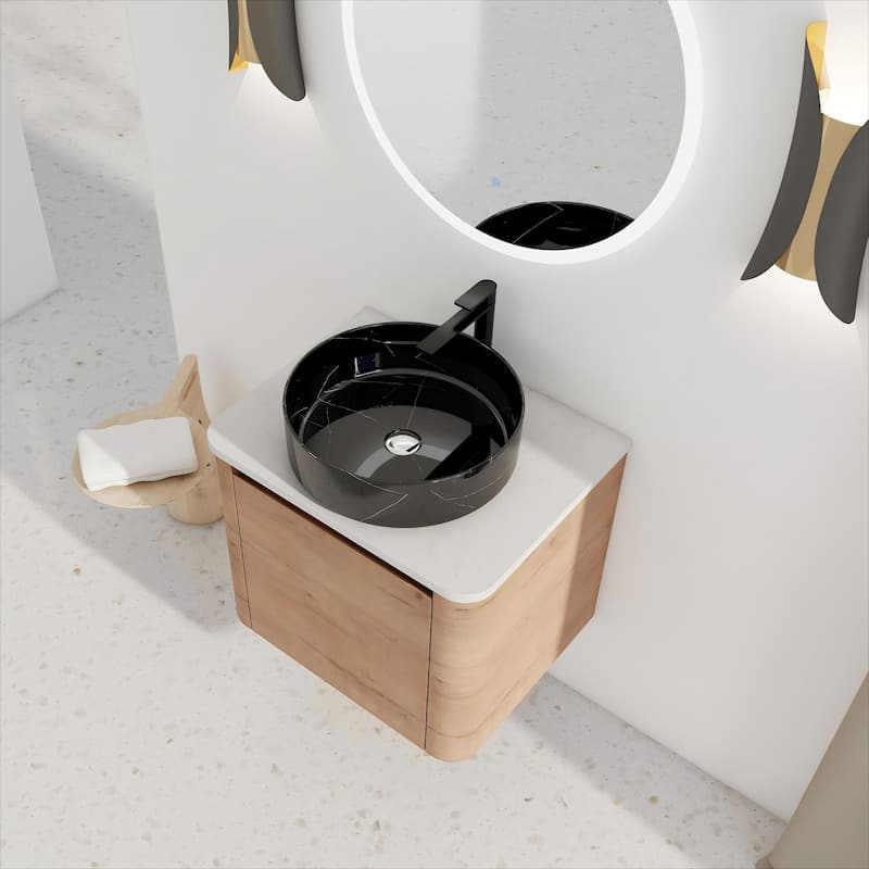 24'' Wall-Mounted Bathroom Vanity With Ceramic Art Sink & 1-Soft-Close Door,KD-Packing, Plywood - Black