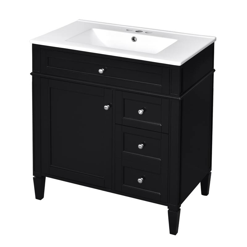 GDFStudio - Caldwell Modern Bathroom Vanity with Ceramic Sink, 2 Storage Drawers and Tip-Out Organizer - 30'W