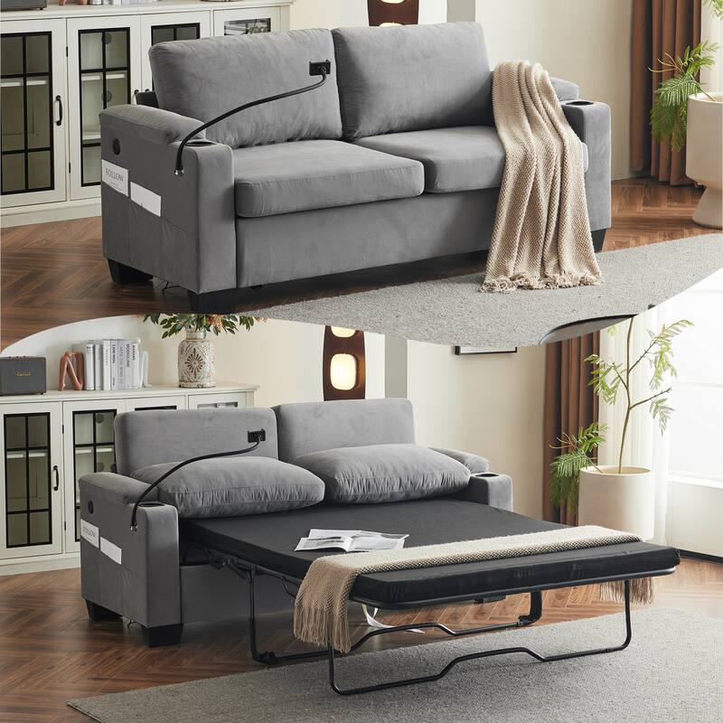 Chenille Pull-Out Queen Sofa Bed with USB Charging & Mobile Phone Holder - Dark Grey