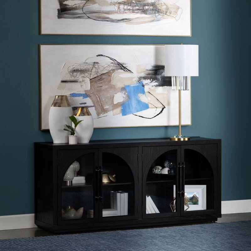 70 in. Black Solid Wood 4 Door Media Credenza_Sideboard