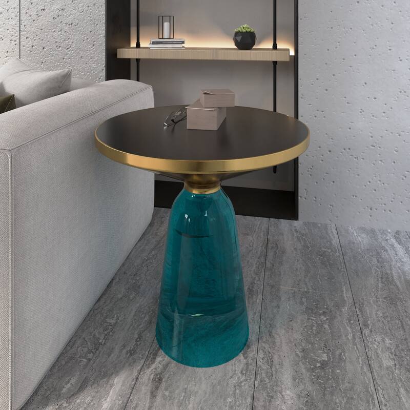 19-Inch Side Table Round Glass/Stone Tabletop End Table with Gold Iron Rim and Glass Base