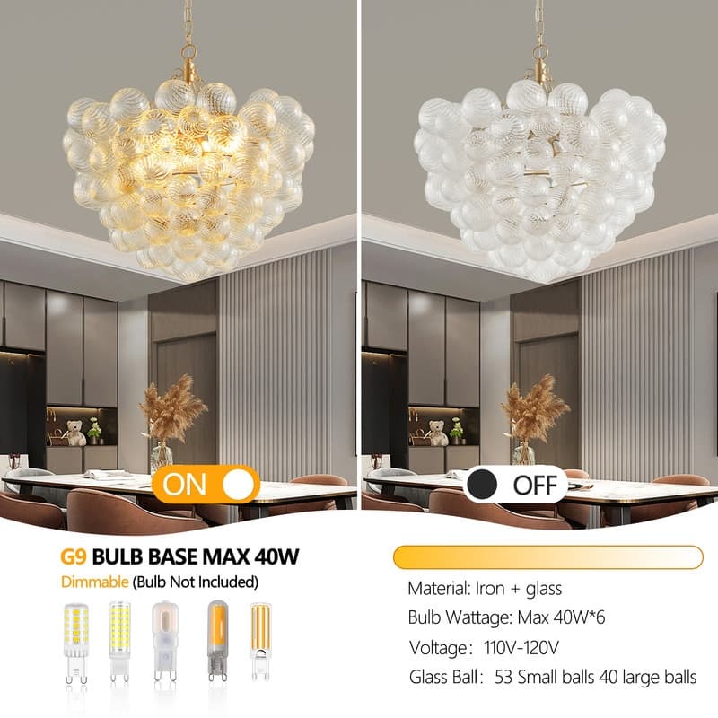 Adjustable Gold Pendant Chandelier with Threaded Clear Glass Globe Shade–Perfect for Living Rooms,Dining Rooms (No Bulbs) .