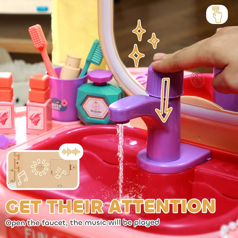 Kids Vanity Set with LED Mirror Interactive Sink and Music Faucet Pretend Play for Ages 3 to 6 - 21.7" L x 11.4" W x 28" H