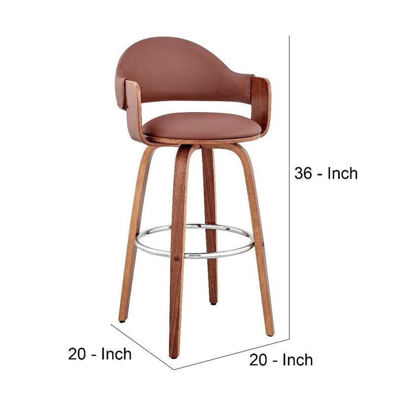 26 Inch Leatherette Barstool with Curved Cushioned Back - Brown - 20 L x 20 W x 36 H Inches