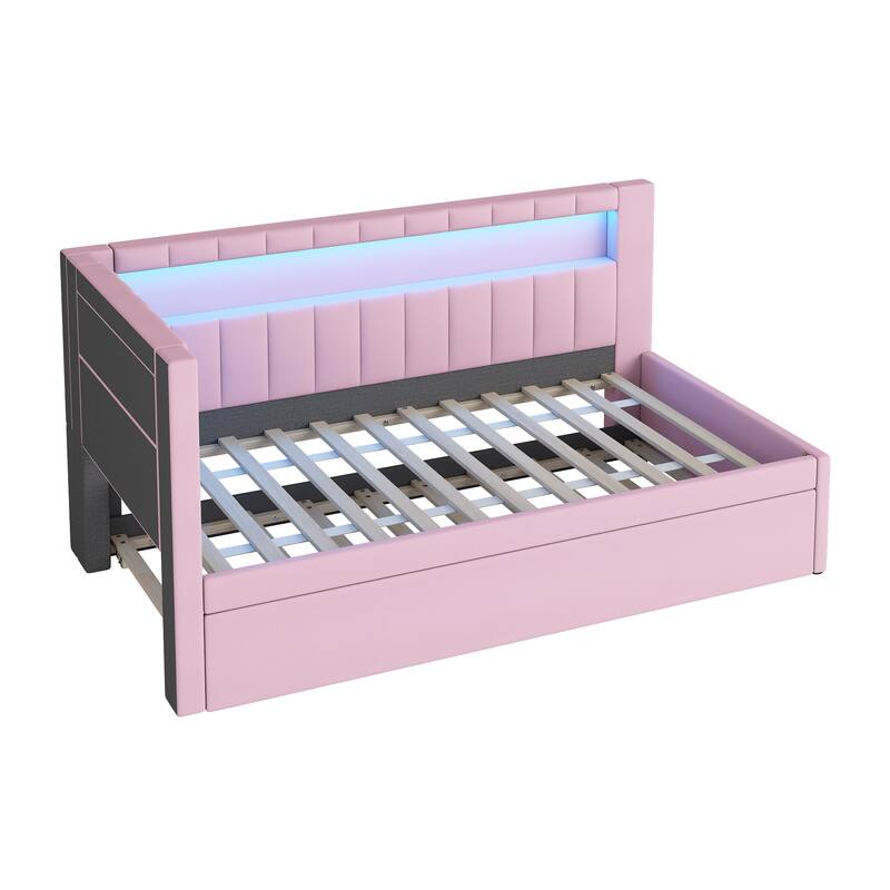 Twin Size Upholstered Platform Bed with USB Ports, LED Lighting, and Trundle in Pink