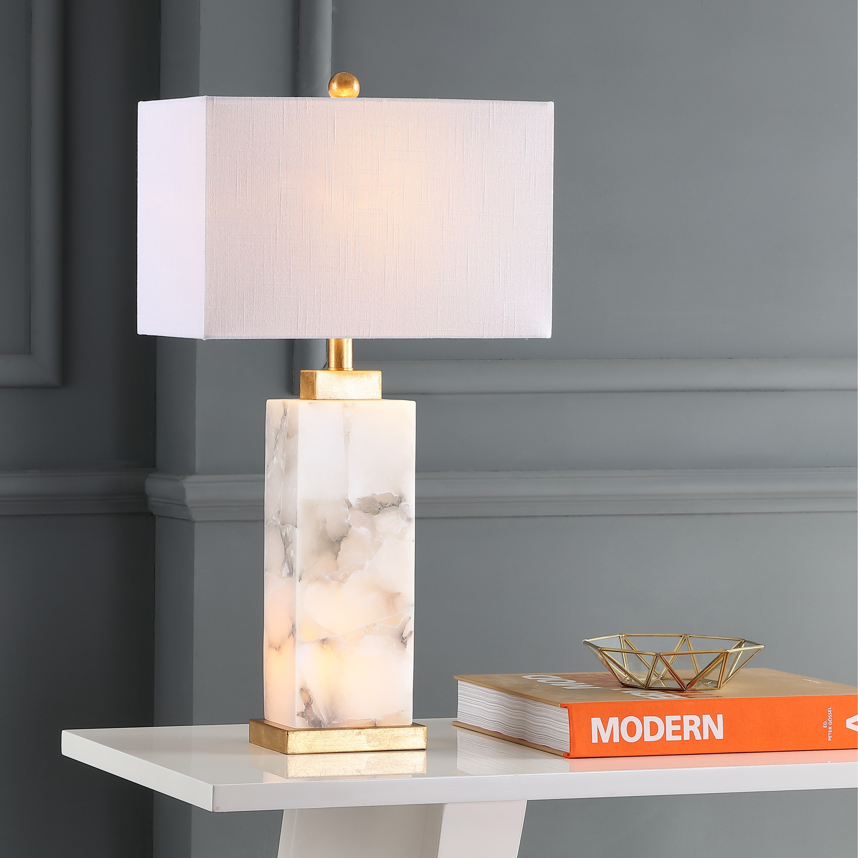 JONATHAN Y Eloise 27.5" Alabaster LED Table Lamp, White/Gold Leaf