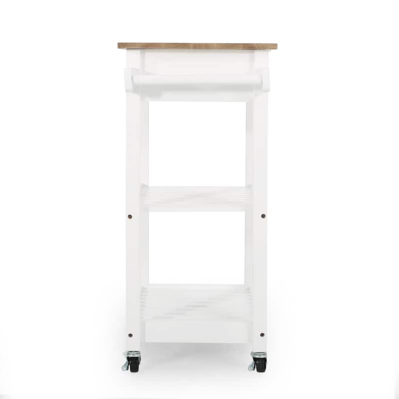 Contemporary Multifunctional Kitchen Cart with Rubberwood Top, Open Slat Shelving, Rolling Casters, Drawer and Towel Holder