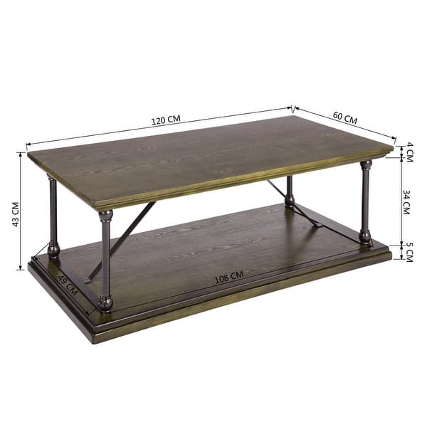 Country Style Coffee Table with Bottom Shelf and Metal Tube, Versatile