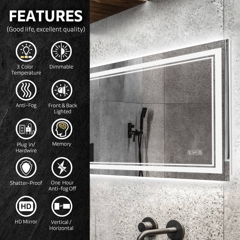 Yulika Front Backlit Lighted Wall Mirror Rectangle Dimmable Vanity Mirror with Anti-Fog & Memory Function