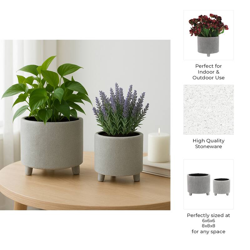 Footed Scratched Planter Pots Set of 2 - Silver, 6/8 in.