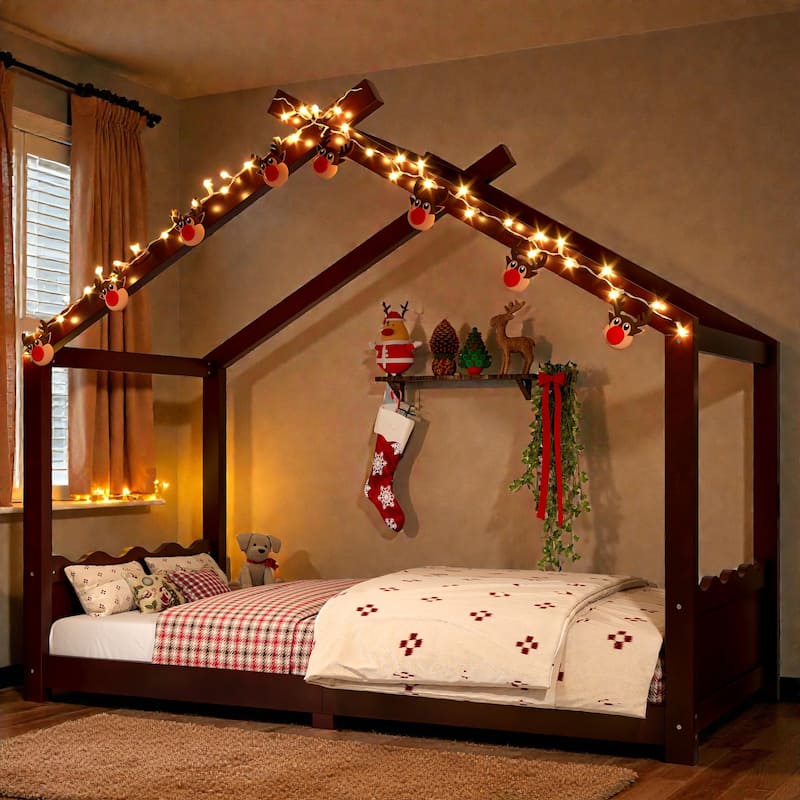 Kids Solid Wood House Floor Bed with Support Slats, Montessori Low Profile Bed, No Box Spring Needed