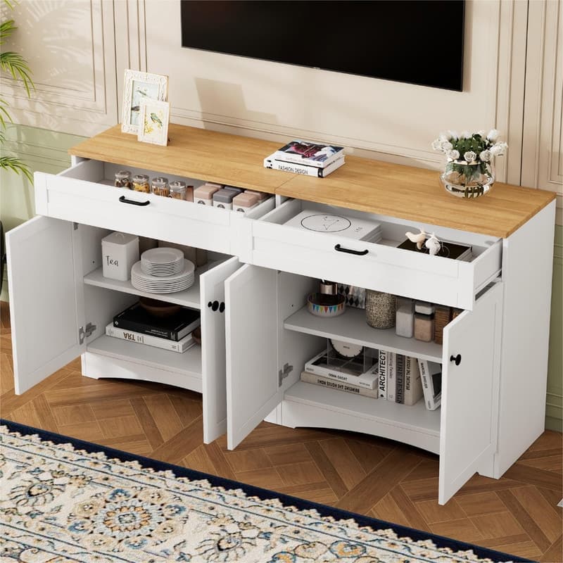 Farmhouse TV Stand 2 Drawers for TVs Up to 70",Mid-Century Buffet Cabinet with Adjustable Shelves - White