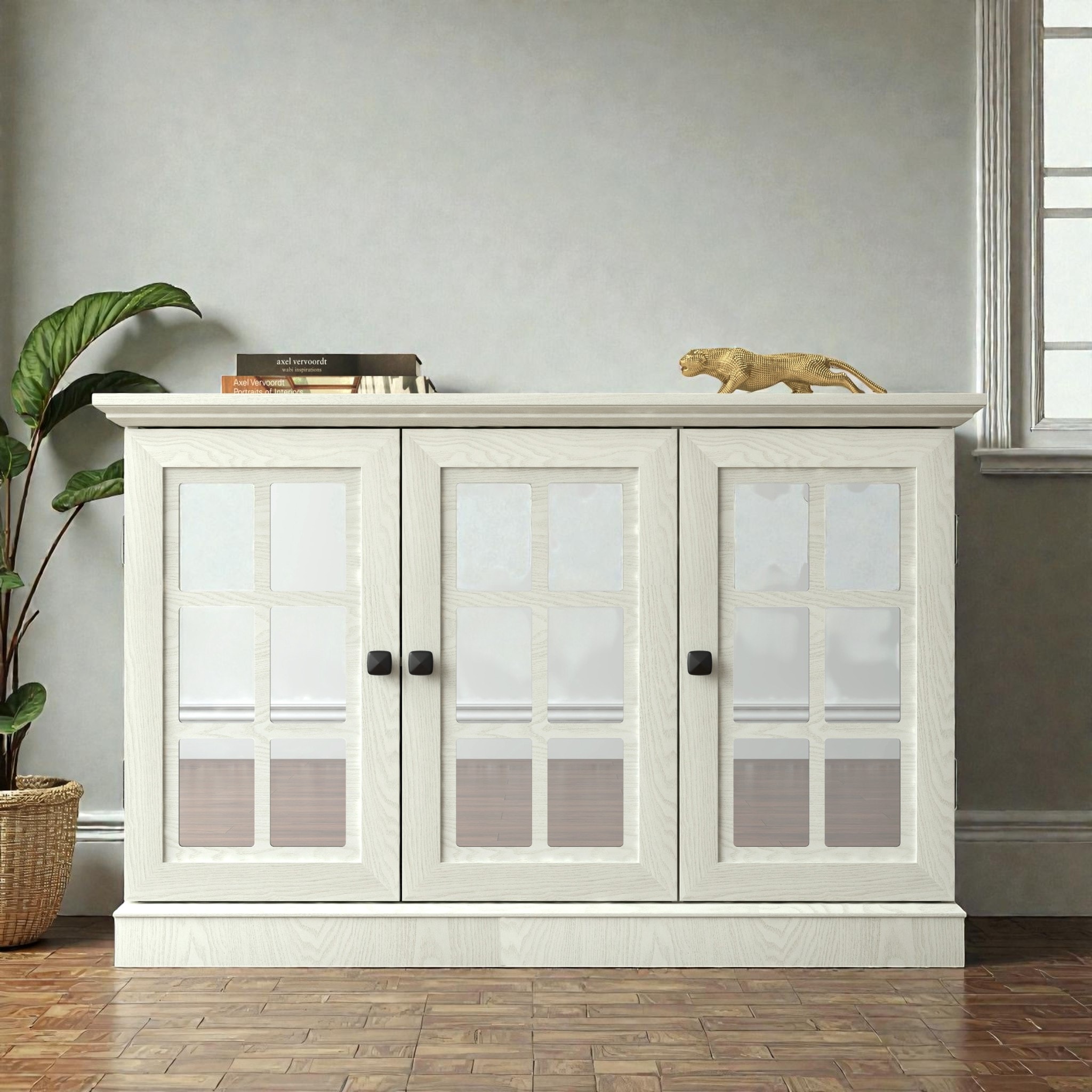 45" Storage Cabinet with 3 Mirrored Acrylic Doors, Adjustable Shelves Sideboard for Living Room, Dining Room, or Kitchen