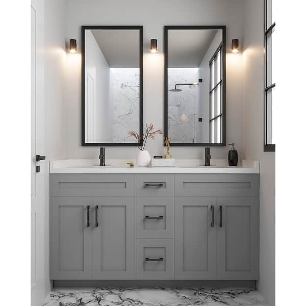 slide 2 of 4, Nelson Cabinetry 60" Gray Shaker Wood Double Bathroom Vanity with Soft-Closing Doors and Drawers