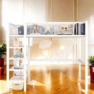 Modern Style Full Size Metal Loft Bed with 4-Tier Shelves and Storage