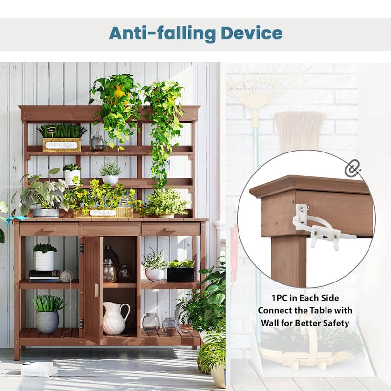 Outdoor Wooden Potting Bench Table with 2 Drawers and Open Shelves