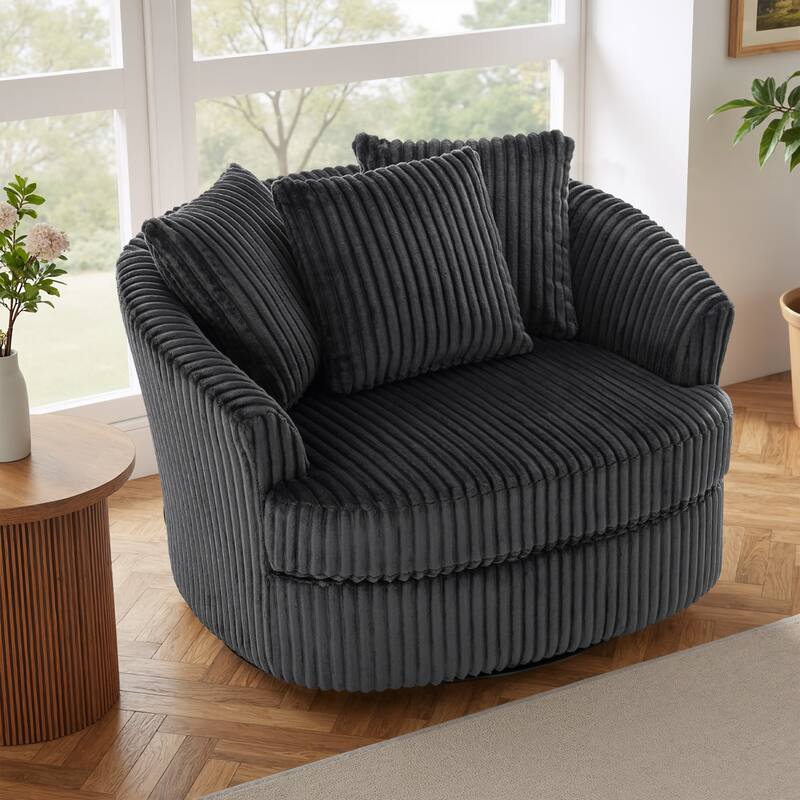 Oversized 43" W Plush Corduroy Swivel Barrel Chair with Pillows