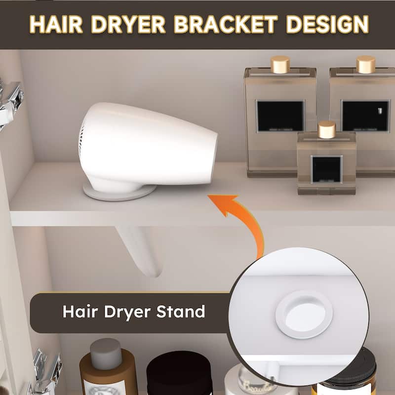 35 x 28 Inches Aluminium Medicine Cabinet with LED Light, Defogging Mirror, and Hair Dryer Holder