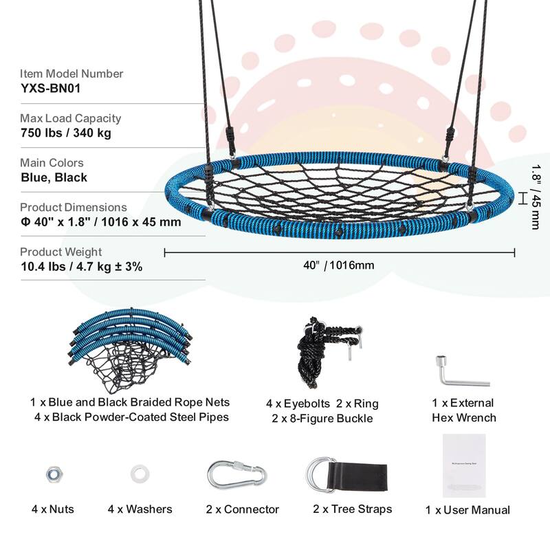 Spider Web Saucer Swing with Tree Hanging Straps and Adjustable Multi-Strand Ropes - 40"