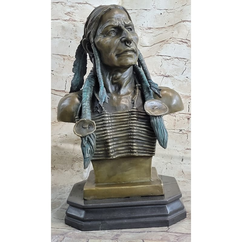 Indian Native American Chief Bust Bronze Marble Base Statue Original Art By Milo