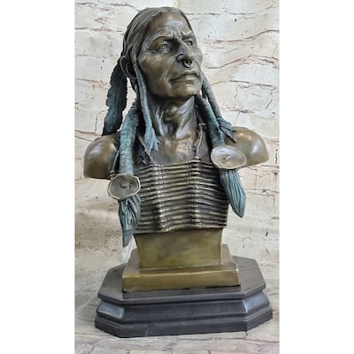 Indian Native American Chief Bust Bronze Marble Base Statue Original Art By Milo