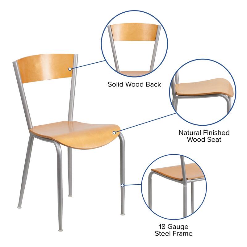 Silver Metal Restaurant Chair - Natural Wood Back & Seat - 16.75"W x 20"D x 32.25"H - 16.75"W x 20"D x 32.25"H