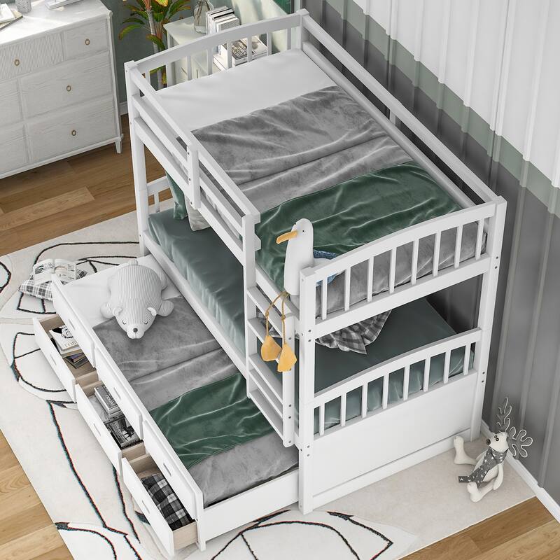 Twin Over Twin Bunk Bed with Trundle and Drawers, Solid Wood Frame, Space-Saving Design - White