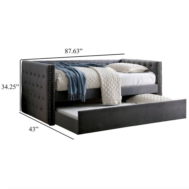 Suzo Daybed with Trundle, Gray Flannelette Upholstery, Nailhead Trim