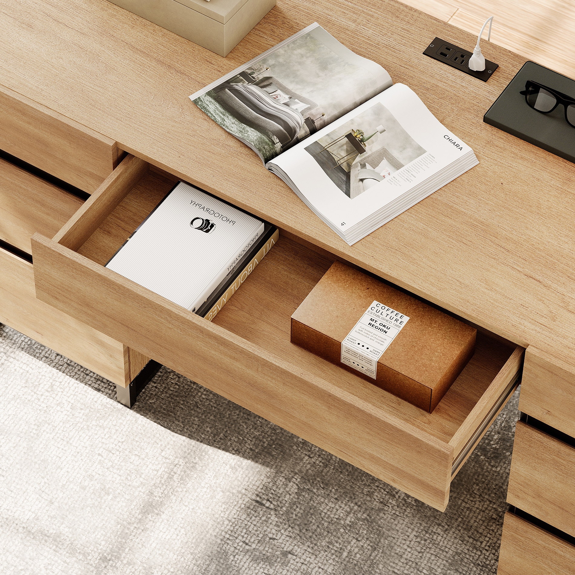 59In Modern Executive Desk With Charging Station & Drawers And 2 PCS 72In Tall BookcasesFor Living Room, Bedroom