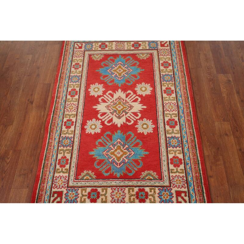 Red Kazak Foyer Rug Handmade Geometric Red Wool Carpet - 2'9" x 4'2"
