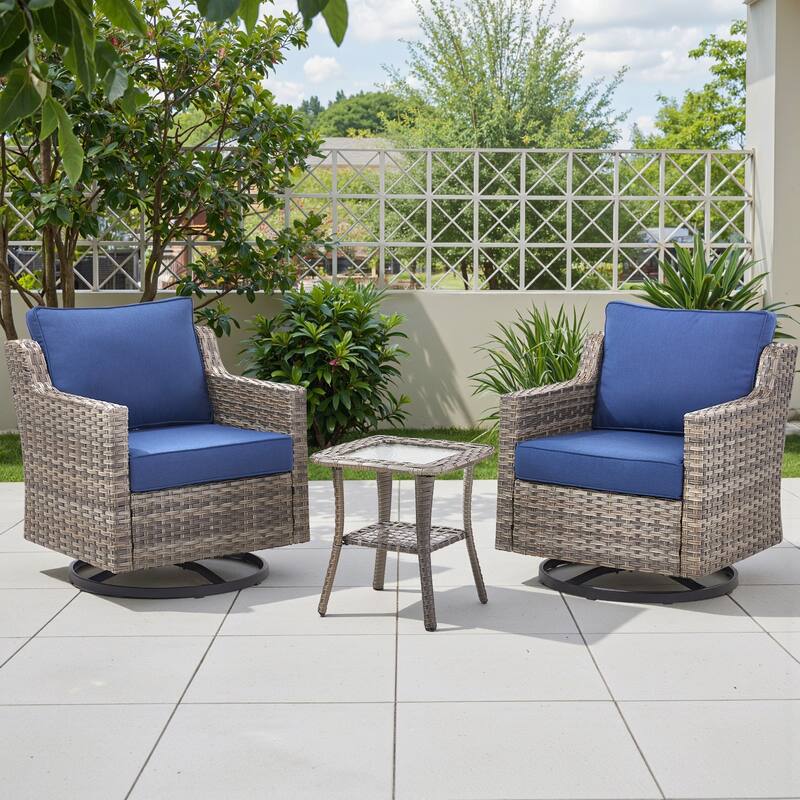Pocassy Wicker Patio Sofa Glider Swivel Chair Ottoman Furniture Set. - Blue Cushion Gray Wicker - 3-Piece Swivel Chair Table Set