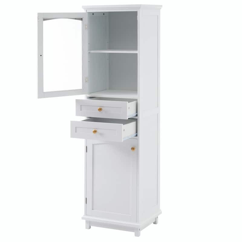 Tall Free-Standing Bathroom Storage Cabinet with Glass Doors and Two Drawers