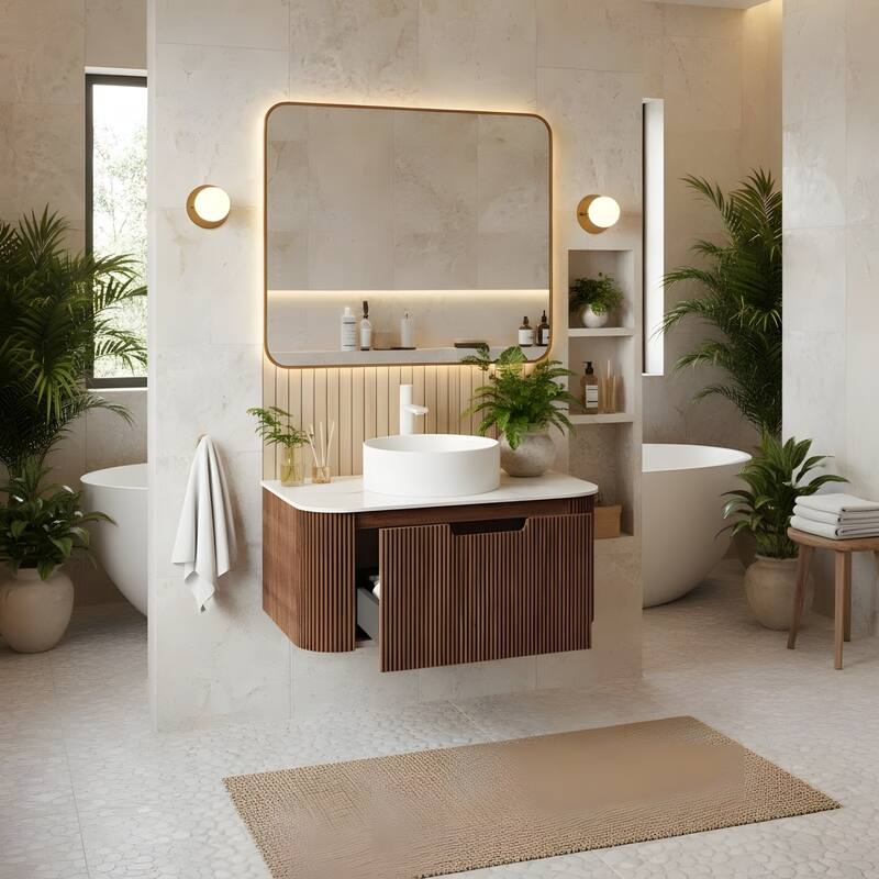 Wall Mounted Bathroom with White Round Ceramic Basin and Drawer