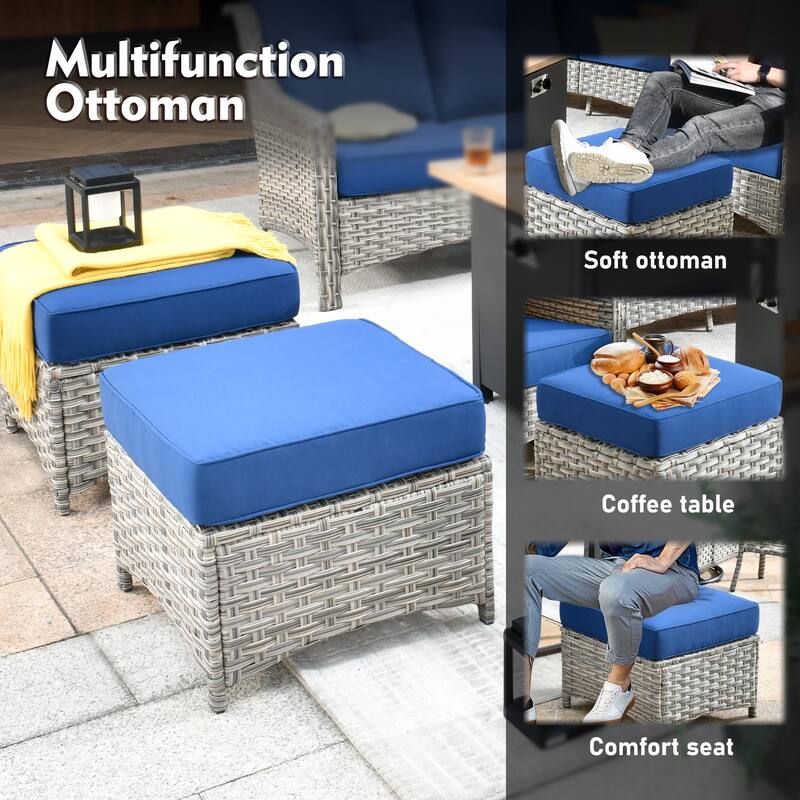 XIZZI Patio Wicker Ottoman with Cushion Outdoor Footrest