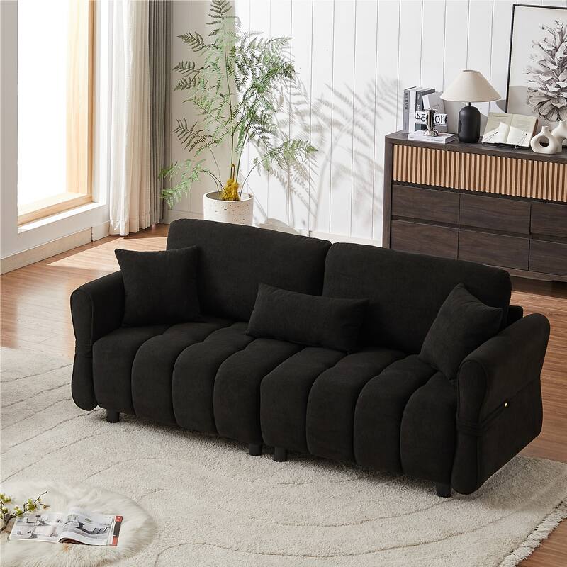 80'' Chenille Fabric Sofa with Lumbar Pillow, 3-seater Upholstered Sofa Chaise with 2 Cushions for Livingroom