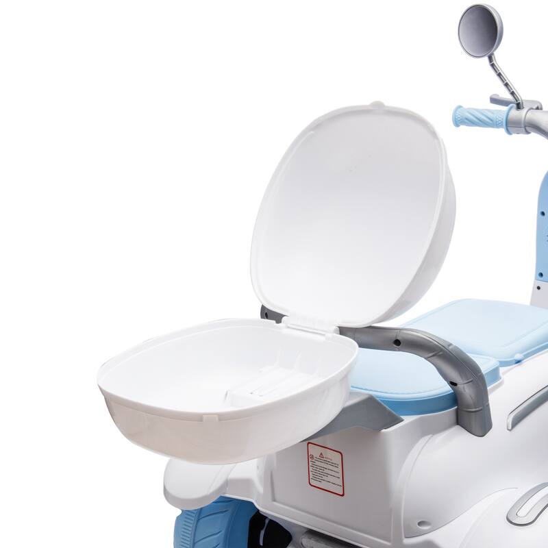 12V Ride-On Two-Seater Motorcycle for Kids, Three-Wheel Design, USB, Bluetooth, Adult Seat Flip, and Storage for Ages 3-6.