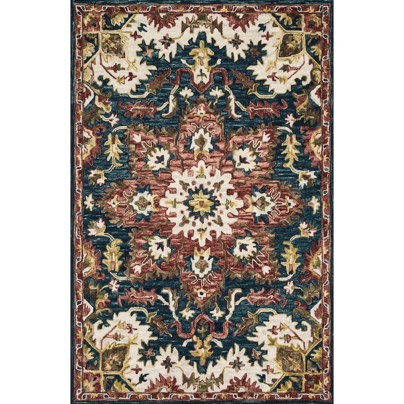 Alexander Home Madeline Wool Hand-hoooked Star Boho Rug - 7' 9" x 9' 9" - Teal/Raspberry - Rectangle