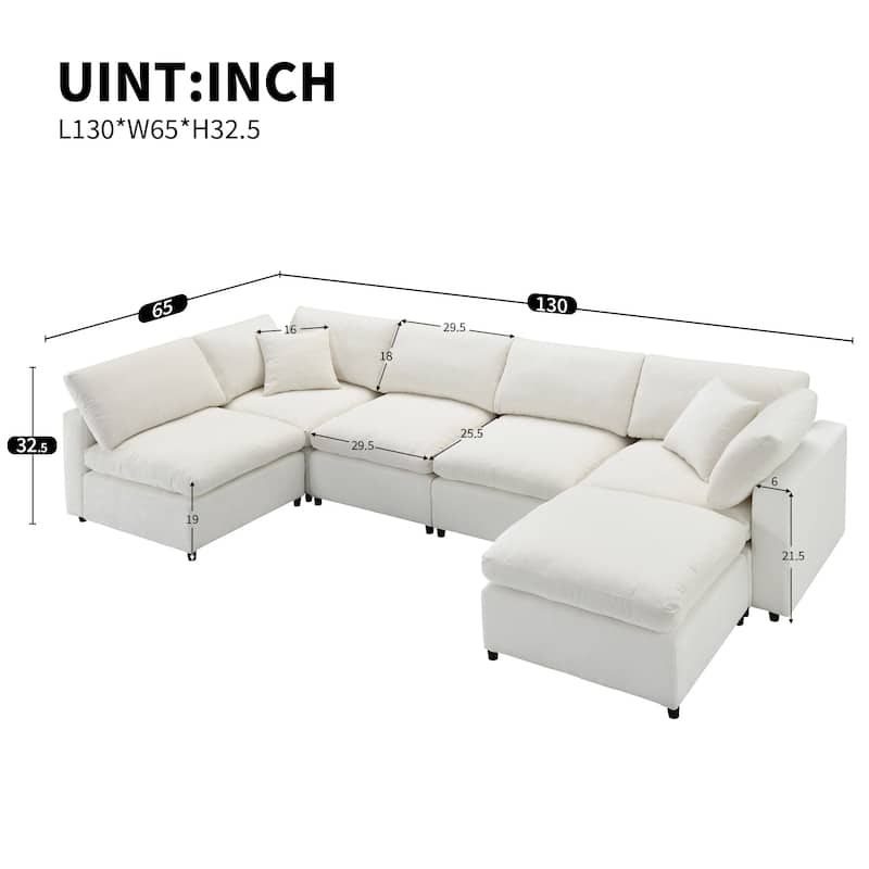 Beige 130" Chenille Cloud Upholstered Modular U-Shaped Sleeper Sectional Sofa, 6-Piece Free Combination with Removable Ottoman
