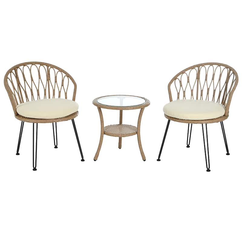 3 Pieces Rattan Bistro Set with A Glass Round Table for Patio