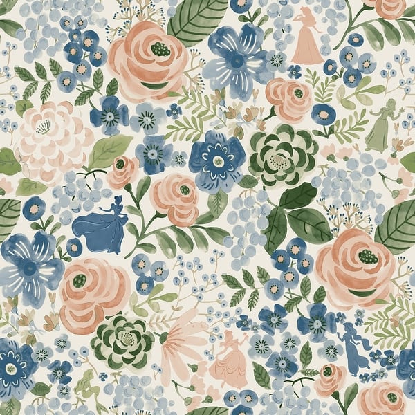 slide 2 of 9, Disney Princess Blue Watercolor Floral Peel and Stick Wallpaper by RoomMates