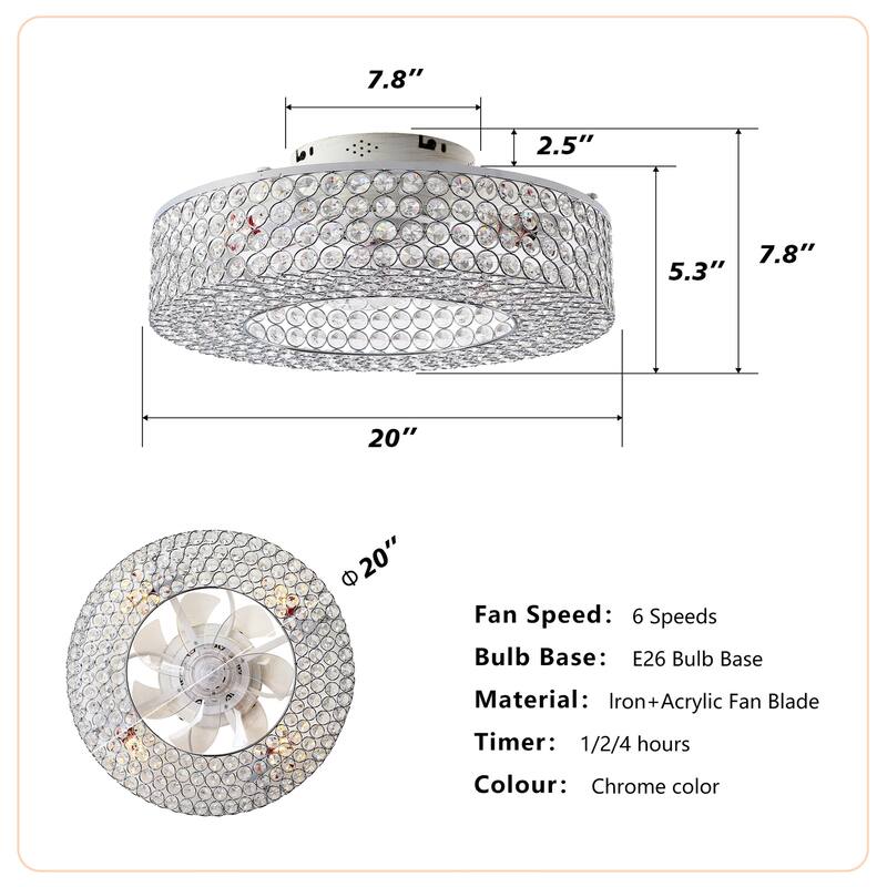 19.6" Crystal Ceiling Fans with Remote and 6 Speed DC Motor Reversible, NOT Included Bulbs