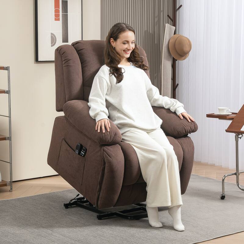 Brown Velvet Lift Recliner Massage Chair with Lumbar Heating Footrest USB Port and Side Pockets