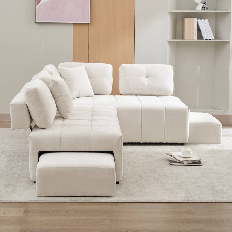 91.73" L-Shaped 4 Seater Sectional Sofa with 2 Hidden Stools, 2 Removable Lumbar Pillows, and Durable Chenille Upholstery