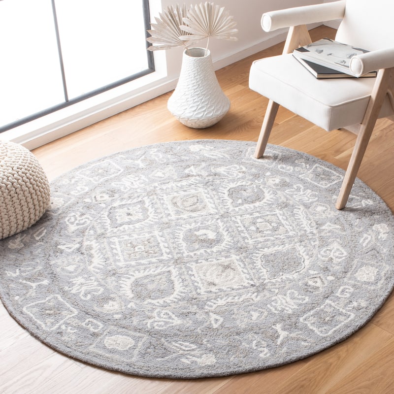 SAFAVIEH Handmade Micro-Loop Wieke Cotton Rug - 5' Round - Ivory/Grey